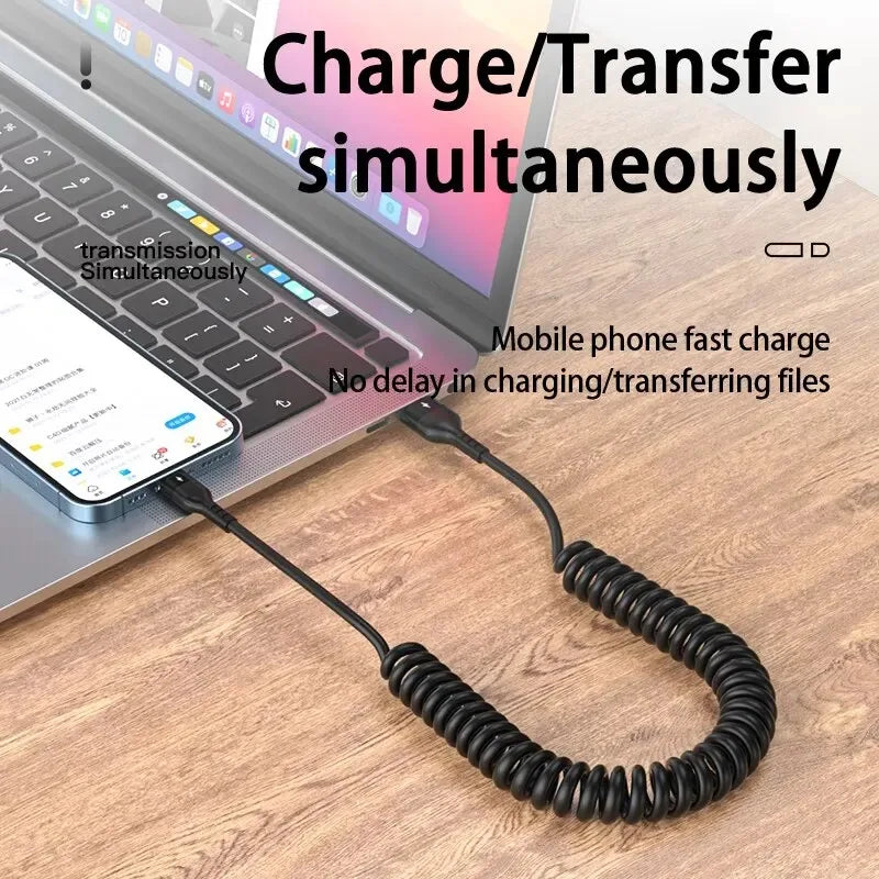Car USB Type C/Type C to Type C/USB LIGHTNING Fast Charging Spring Telescopic Cable For iPhone 16 15 14 Samsung Xiaomi OnePlus