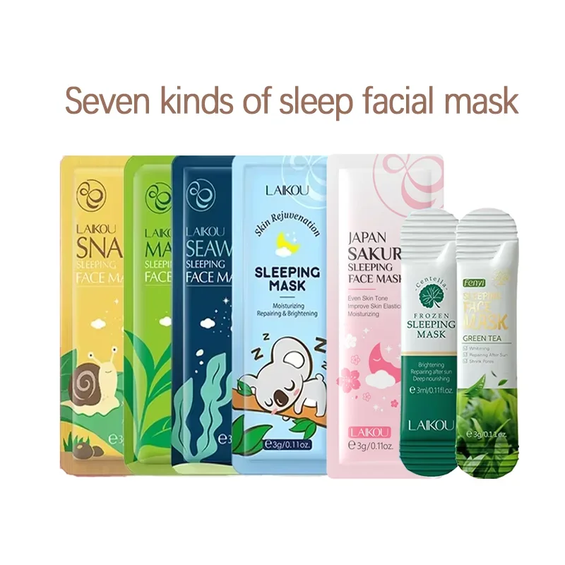 LAIKOU 7PCS Sleeping Face Mask Set Snail Matcha Seaweed Sakura Centella Green Tea Skin Care Moisturizing Repairing Night Mask