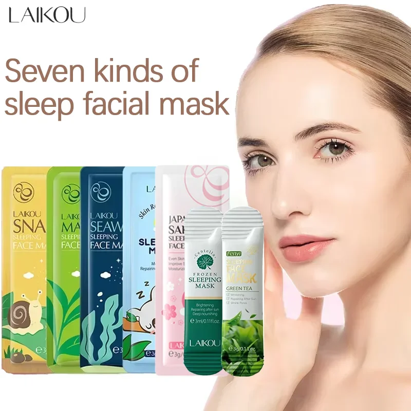 LAIKOU 7PCS Sleeping Face Mask Set Snail Matcha Seaweed Sakura Centella Green Tea Skin Care Moisturizing Repairing Night Mask