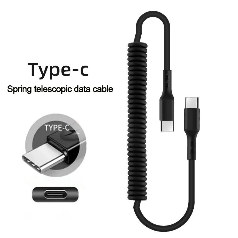 Car USB Type C/Type C to Type C/USB LIGHTNING Fast Charging Spring Telescopic Cable For iPhone 16 15 14 Samsung Xiaomi OnePlus